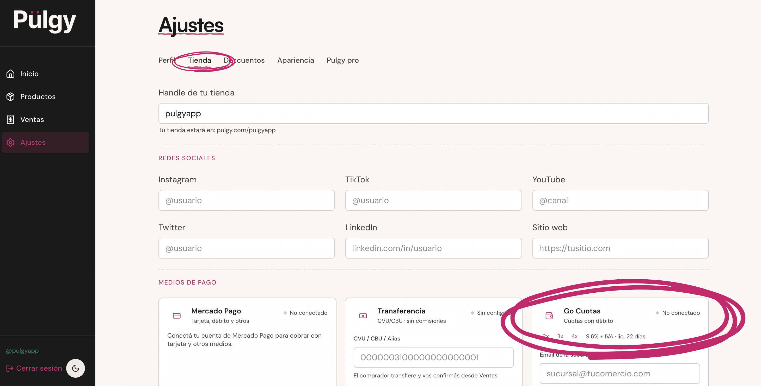 Panel de Pulgy en Configuración → Tienda → Medios de pago, con Go Cuotas en el listado de medios de pago disponibles