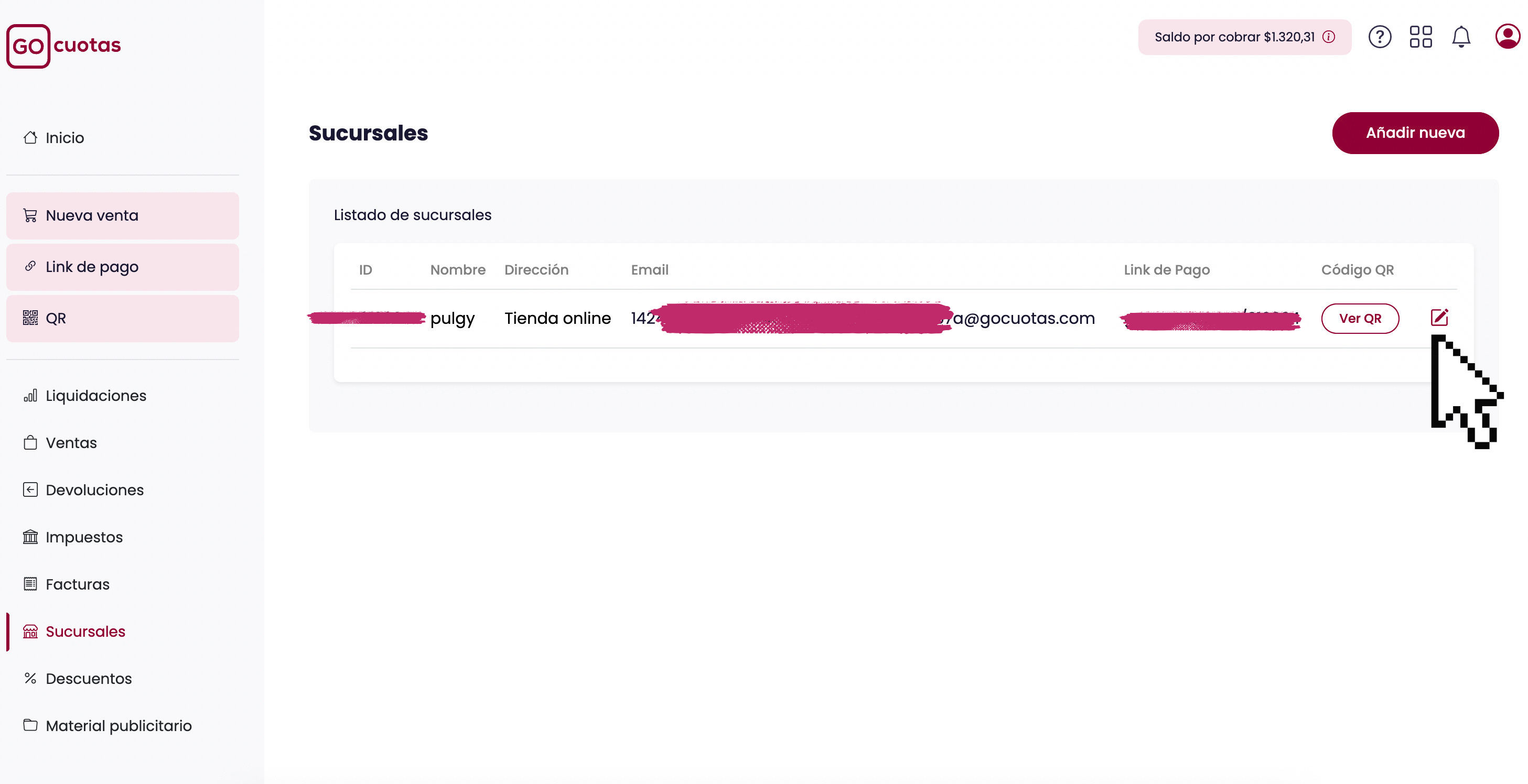 Pantalla de edición de la sucursal en Go Cuotas con la opción Ver ApiKeys de la sucursal
