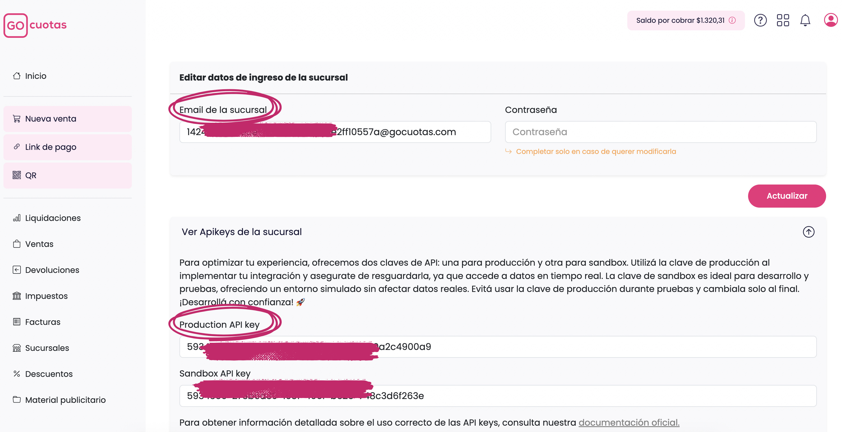 API Keys de producción y de prueba en Go Cuotas para integrar con Pulgy
